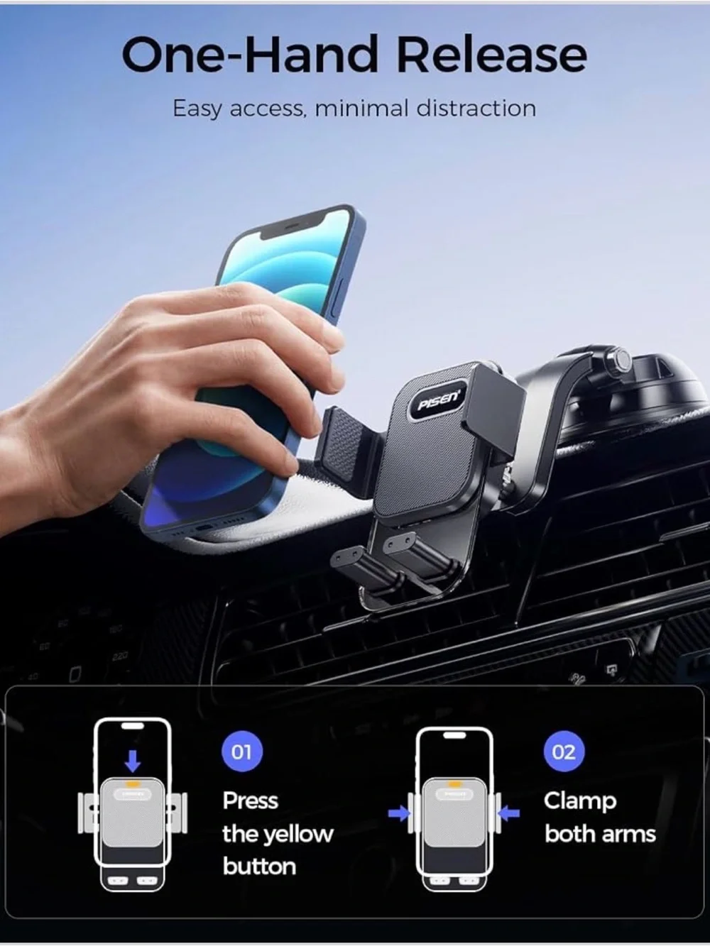 Dashboard Car Phone Mount - One Press Lock Dash Phone Holder for Car